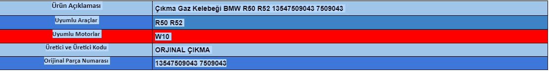 Çıkma Gaz Kelebeği BMW R50 R52 13547509043 7509043