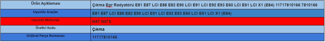 Çıkma Egr Radyatörü E81 E87 LCI E88 E82 E90 LCI E91 LCI E92 E93 E60 LCI E61 LCI X1 (E84) 11717810166 7810166