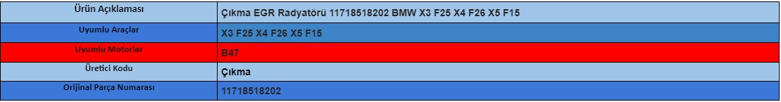Çıkma EGR Radyatörü 11718518202 BMW X3 F25 X4 F26 X5 F15