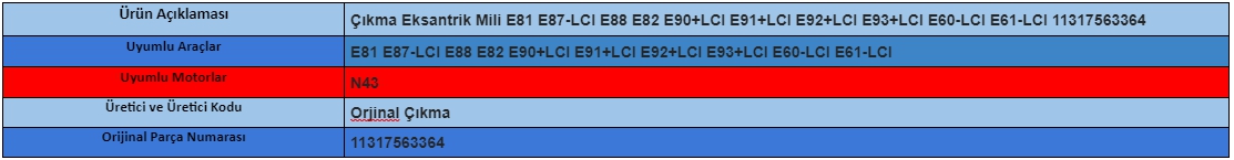 Çıkma Eksantrik Mili E81 E87-LCI E88 E82 E90+LCI E91+LCI  E92+LCI E93+LCI E60-LCI E61-LCI 11317563364