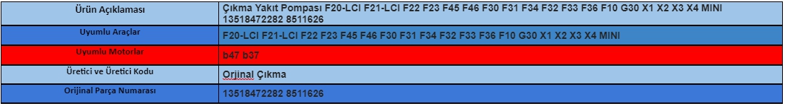 Çıkma Yakıt Pompası F20-LCI F21-LCI F22 F23 F45 F46 F30 F31 F34 F32 F33 F36 F10 G30 X1 X2 X3 X4 MINI 13518472282 8511626