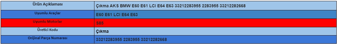 Çıkma AKS BMW E60 E61 LCI E64 E63 33212283955 2283955 33212282668