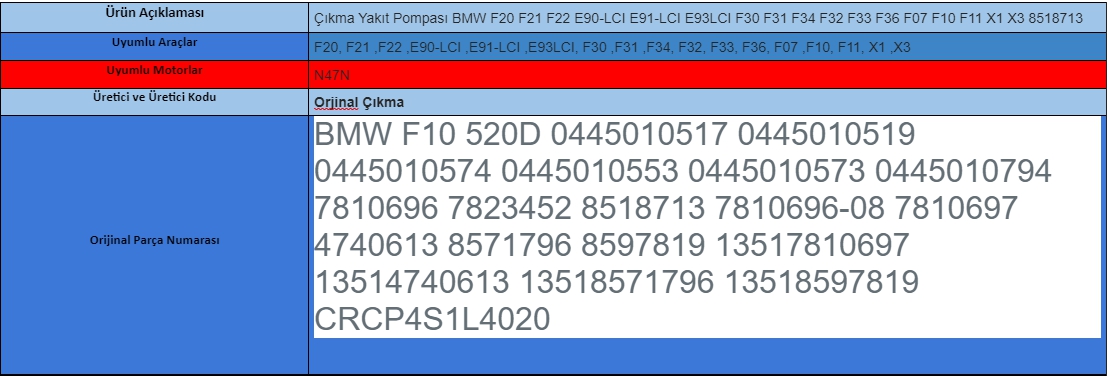 Çıkma Yakıt Pompası BMW F20 F21 F22 E90-LCI E91-LCI E93LCI F30 F31 F34 F32 F33 F36 F07 F10 F11 X1 X3