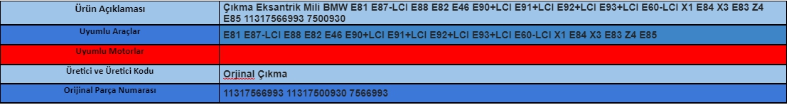 Çıkma Eksantrik Mili BMW E81 E87-LCI E88 E82 E46 E90+LCI E91+LCI E92+LCI E93+LCI E60-LCI X1 E84 X3 E83 Z4 E85 11317566993 7500930