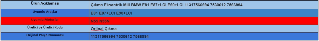 Çıkma Eksantrik Mili BMW E81 E87+LCI E90+LCI 11317566994 7530612 7566994