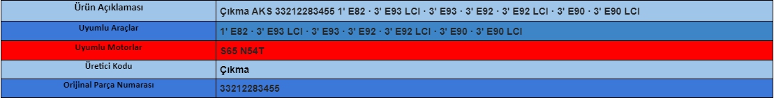Çıkma AKS 33212283455 1’ E82 · 3’ E93 LCI · 3’ E93 · 3’ E92 · 3’ E92 LCI · 3’ E90 · 3’ E90 LCI