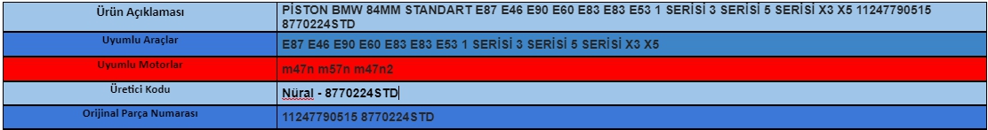 Nüral PİSTON BMW 84MM STANDART E87 E46 E90 E60 E83 E83 E53 1 SERİSİ 3 SERİSİ 5 SERİSİ X3 X5 11247790515 8770224STD