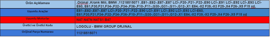 Orjinal Krank Mili BMW 11218515071  E87,F20-E90 LCİ-E91 LCİ-E60-E61-F30-F10-F11-G30-G31-7G611-G12-F15 xd 11217797975